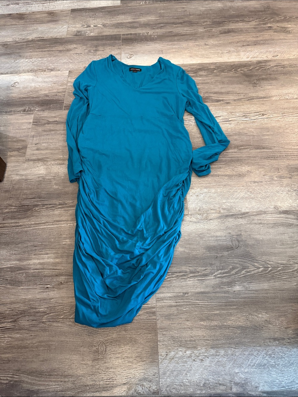 Stork & Babe Women's Maternity Teal Long Sleeve Ruched Dress